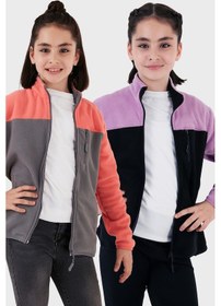 Resim Lela Yumuşak Dokulu Fermuarlı Renk Bloklu Dik Yaka Cepli 2'Li Paket Hırka Çocuk Polar 5905001S2 Lila Siyah-Somon Gri 