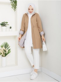 Resim RACE FASHİON Çizgi Desenli Bondit Kumaş Beli Lastikli Kapüşonlu Tesettür Trençkot RC905010 