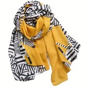 Resim Geometrik Çizgili Sarı Zebra Baskılı Eşarp – Nefes Alabilen Polyester Şal, Bohem Tarzı, Plaj Seyahati ve Günlük Moda için İdeal 