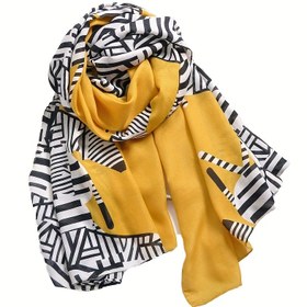Resim Geometrik Çizgili Sarı Zebra Baskılı Eşarp – Nefes Alabilen Polyester Şal, Bohem Tarzı, Plaj Seyahati ve Günlük Moda için İdeal 