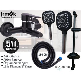 Resim Siyah Banyo Bataryası Duş Musluğu Örgülü Spiral Sürgülü Seti Geniş El Duşu Başlığı 