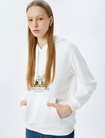 Resim Kapüşonlu Kanguru Cepli Slogan Baskılı Uzun Kollu Sweatshirt 