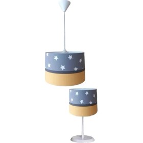 Resim Onay Avize Gri Yıldızlı Sarı 2.li Set M-0388 Kumaş Kaplama Genç ve Çocuk Odası Avize ve Abajur Takımı 