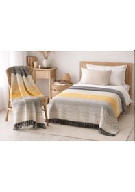 Resim Aksu Allday Çift Kişilik, Pamuklu Battaniye Tv Battaniye Hediye 2'li Set 180 X 220 // 130 X 170cm Sarı - Gri - Camel 
