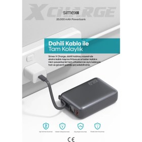 Resim Simex 20.000 mAh 22.5W Hızlı Şarj PD Powerbank Kendinden Kablolu ve Dijital Göstergeli Taşınabilir Cihazı 