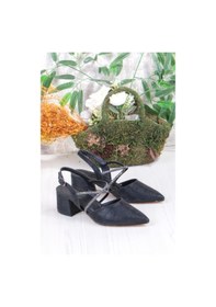 Resim Fort 110-411 Saten Simli Taşlı Arkası Açık Klasik Topuklu Kadın Ayakkabı Siyah 