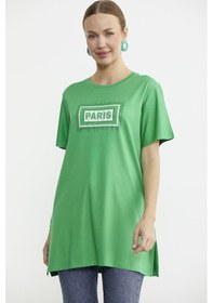 Resim Büyük Beden Baskılı Uzun Tunik Tişört - Yeşil Yeşil 