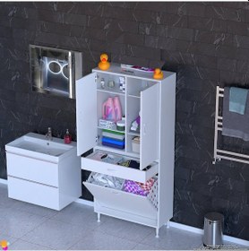 Resim Modilayn Yeni Afra 80x173x32,5 Cm' Lik 1 Çekmece, 2 Göz Sepet, 2 Kapak, 6 Raf Dar Alan Banyo Dolabı Beyaz 