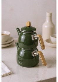 Resim Sultan - Bambu Kulplu Emaye Çaydanlık Takımı Koyu Yeşil 