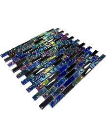 Resim MozaiKristaL Mutfak Tezgah Arası, Banyo, Havuz, Sauna, Spa ve İç ve Dış Dekorasyonda Tüm Yüzeyler İçin, 15X48 mm ve Lüsterli Siyah - Lüsterli Mavi Karışım, 30X30 cm. Fileli Kristal Cam Mozaik 