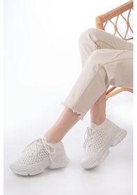 Resim Sp-2024 Beyaz Günlük Bağcıklı Fileli Taş Aksesuarlı Kadın Spo... Beyaz 
