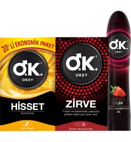 Resim Okey Prezervatif Hisset 20'li + Zirve 10'lu + Çilek Jel 100 ml 