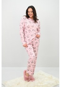 Resim Kadın Büyük Beden Çiçek Desenli Uzun Kollu Pijama Takımı 4235-25 Siyah 