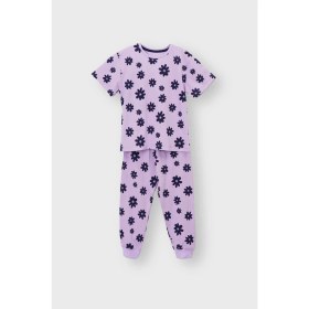 Resim Mor Papatya Desenli T-Shirt-Şort Kız Çocuk Pijama Takımı 