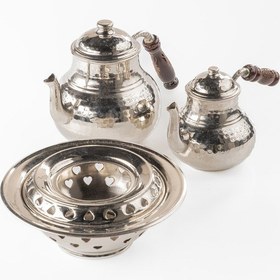 Resim Büyük Boy Gaziantep Bakır Çaydanlık Takımı Ve Balkon Sefası Takımı Komple El Dövmesi Gümüş 
