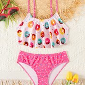 Resim Şık Donut & Şeker Baskılı Kız Bikini Takımı Fırfır Detaylı - Esnek Polyester Karışımı, Makinede Yıkanabilir - Plaj Gezileri İçin Mükemmel 
