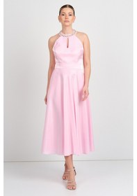 Resim Saygın Kadın Halter Yaka Saten Midi Abiye Elbise 5624 Pembe Pembe 