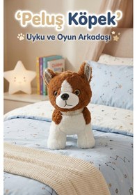 Resim Peluş Köpek Oyuncak - 23 Cm Pullu Detaylı Uyku Ve Oyun Arkadaşı Beyaz - Kahverengi 