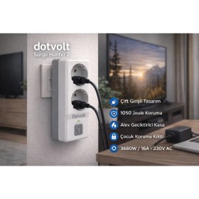 Resim Dotvolt İkili Akım Korumalı Priz Beyaz Anahtarlı Surge Hunter 1050 Joule 