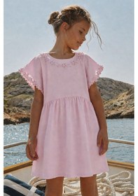 Resim Monila Kız Çocuk Pembe Pamuklu Çiçek Aplikeli Elbise 