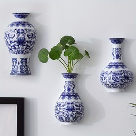 Resim 1 adet/2 adet Mavi ve Beyaz Seramik Vazo, Vintage Çiçek Desenli, Seramik Duvar Askılı Vazo Ev ve Ofis Dekorasyonu için, Çiçek Temalı, Çan Şeklinde, Duvar Vazosu, Güç Gerektirmez, Pil Dahil Değildir. 