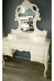 Resim BENGİ TİCARET Dresuar 13573 Makyaj Masa Kayın Aslan Ayak Aslan Baş Oyma Nakış Ayna Parlak krem 