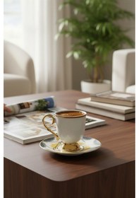 Resim 6 Kişilik Gold Ayaklı Geometrik Türk Kahvesi Fincanı Diğer 