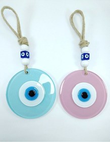 Resim Toz Pembe Ve Cam Göbeği Renkli Cam Nazar Boncuğu El Yapımı Ikili 