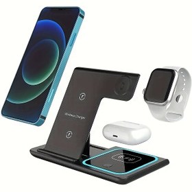 Resim Manyetik emiş üçü bir arada 15W hızlı şarj cep telefonu saat kulaklık kablosuz şarj katlanabilir stand iPhone için uygun 