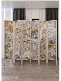 Resim Doğal Ahşap Mermer Soyut Tek Taraf Baskılı 6 Kanat Paravan 000080 