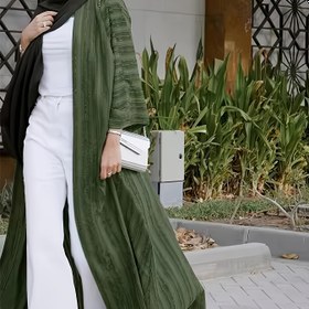 Resim Kadınlar için Zeytin Yeşili Türk Kaftanı - Orta Doğu Esintili Açık Yaka Uzun Kollu Püskül Detaylı, Makinede Yıkanabilir Her Mevsim Geleneksel Örtü, Resmi ve Günlük Kullanım İçin, Geometrik Desenli Şık Tasarım 
