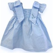 Resim Kız Bebek Omuzları Fiyonklu Dokuma Elbise-13766 Mavi 