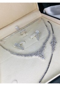 Resim Kadın Gümüş Set - Balın Zirconia Taşlı Su Yolu Set • Işıklı Kutuda • Düğün • Nişan • Gelin Seti 