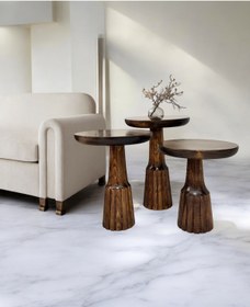 Resim AYLESA Doğal Ahşap 3’lü Set Mantar Yan Sehpa Modern Ceviz Renk Fiskos Zigon Çiçeklik 