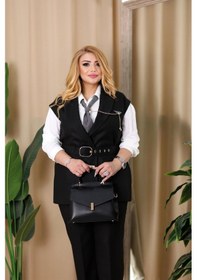 Resim Lady Sharm Krep Kumaş Zincir ve Kravat Detaylı Büyük Beden Kadın Takım Siyah 