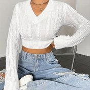 Resim Kadife Örme V Yaka Kırpma Kazak, Sonbahar ve Kış İçin Rahat Uzun Kollu Kazak, Kadın Giyim 