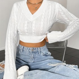 Resim Kadife Örme V Yaka Kırpma Kazak, Sonbahar ve Kış İçin Rahat Uzun Kollu Kazak, Kadın Giyim 