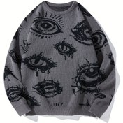 Resim Unisex Cadılar Bayramı Şeytan Gözlü Kazak, Asimetrik Detaylı Yuvarlak Yaka Uzun Kollu Örgü Üst, Sonbahar/Kış Partisi için Normal Kalıp Polyester Kazak 