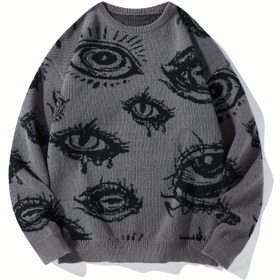 Resim Unisex Cadılar Bayramı Şeytan Gözlü Kazak, Asimetrik Detaylı Yuvarlak Yaka Uzun Kollu Örgü Üst, Sonbahar/Kış Partisi için Normal Kalıp Polyester Kazak 