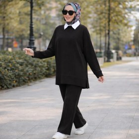 Resim Esra Butik Mürdüm Siyah Taş Çimalı Tesettür Ikili Takım Tunik Pantolon Şık Rahat 