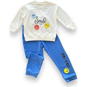 Resim 6-9-12-18 Ay Emoje Baskılı Pamuk Penye Kumaş Erkek Bebek Takımı Mavi Mavi 