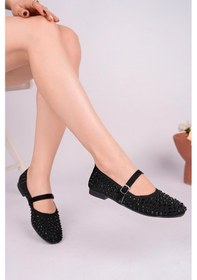 Resim Nesilshoes Nesil Shoes Ceylan 3170 Siyah Triko Taş Detaylı Kadın Babet 