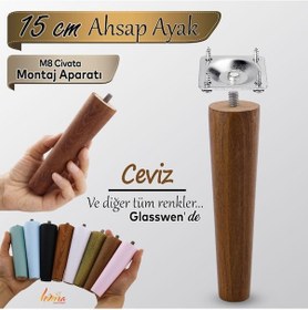 Resim Ahşap Ayak 15 Cm Ceviz M8 Civatalı Bağlantı Aparatlı Dolap Mobilya Koltuk Kanepe Destek Ayağı Ayakları Ceviz 