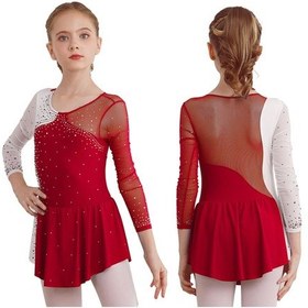 Resim Bordo Kız Şık Bale Dans Elbise Yuvarlak Yaka Parlak Taklidi Dekore Edilmiş Jimnastik Mayoları Parti Giyim Bordo 