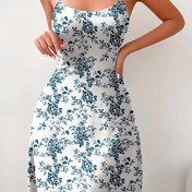 Resim Kadınlar için Zarif Çiçek Desenli Polyester Gecelik - Spagetti Askılı Gecelik, Elastanlı Dört Mevsim Örgü Kumaş, Yetişkin Desenli Uyku Elbisesi 