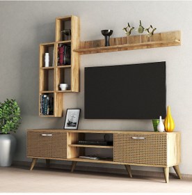 Resim Mega 180 lik Kitaplıklı Raflı Tv Ünitesi Çam Hazeran Kapaklı - TV 