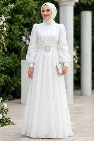 Resim N.S NEVA STYLE Tokalı Kemerli Beyaz Tesettür Abiye Elbise 45295B 