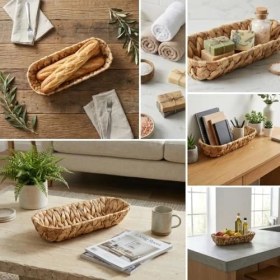 Resim Daisy Store Hasır Oval Ekmek Sepeti ve Çok Amaçlı Düzenleyici, 28X6 cm Doğal Örme Sunum Tabağı, Ince Uzun Baget Ekmeklik, Çatal Kaşık ve Banyo Makyaj Organizeri 