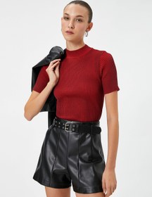Resim Triko Kazak Kısa Kollu Fitilli Yarım Balıkçı Yaka Slim Fit 