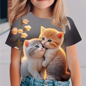 Resim Kızlar için Rahat Kedi Grafik T-Shirt - Kısa Kollu, Yuvarlak Yaka, Yazlık Örgü Üst, Çiçekli Kedi Tasarımı, Hafif Polyester, Hayvan Deseni, Rahat Kıyafet için Mükemmel 